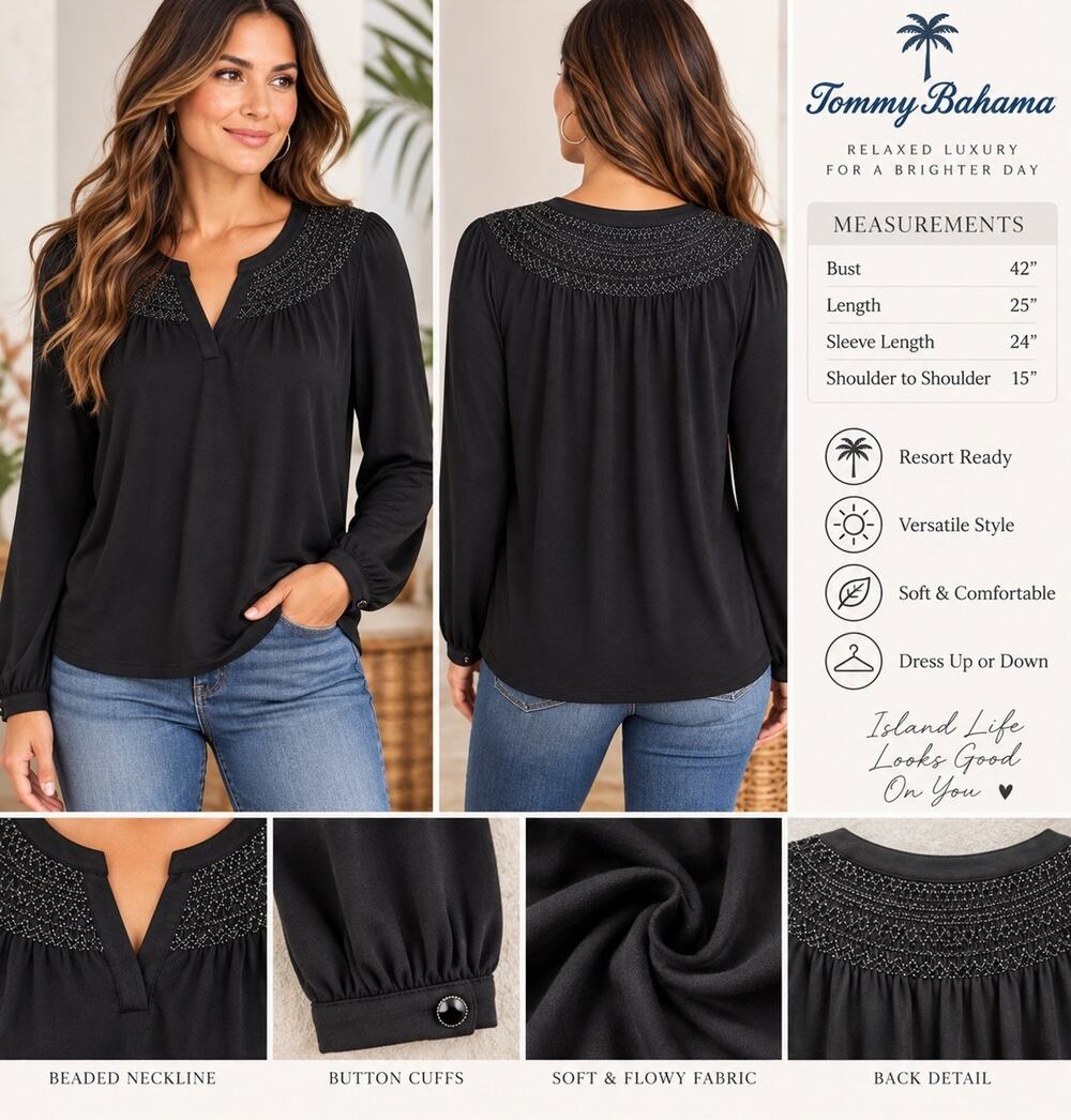 Tommy Bahama Women’s XS Black Beaded Embellished Long Sleeve Top Blouse